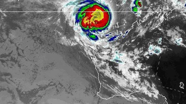 This satellite image from the Bureau of Meteorology shows Cyclone Narelle approaching WA's north-west coastline.