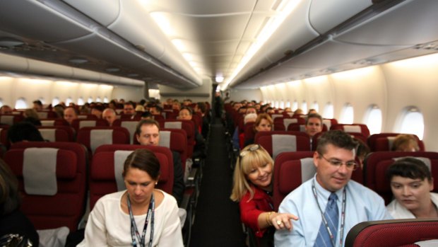 Economy class passengers on a Qantas A380 flight.