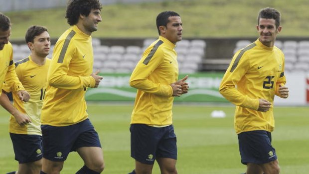 The Socceroos train at WIN Stadium on Saturday.