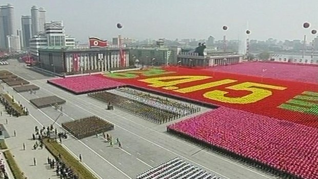 The crowd forms yesterday's date, April 15, during a military parade in Pyongyang.