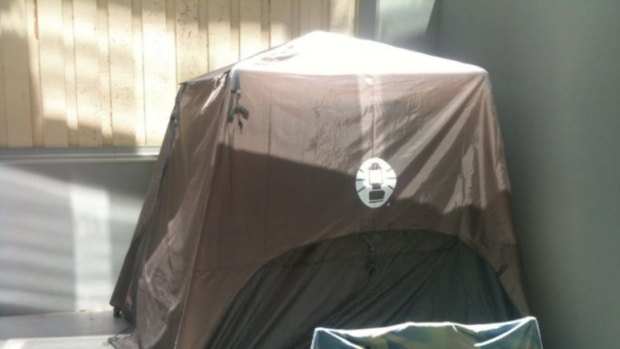 A tent on a balcony near St Kilda Road advertised for rent on Gumtree for $90 a week.