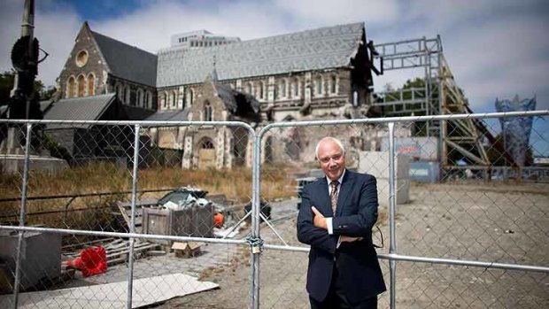 Sir Bob Parker surveys the ruins of Christchurch's landmark cathedral.