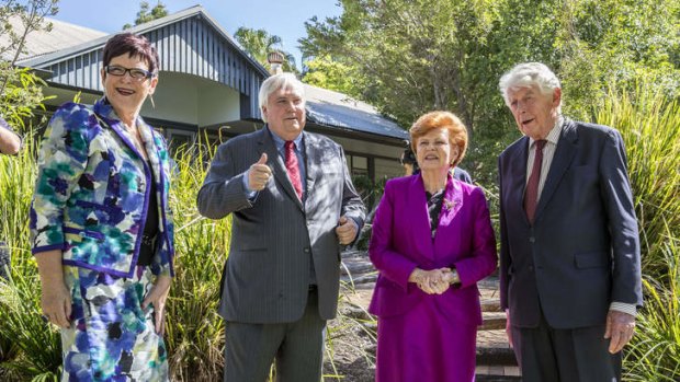 Former prime minister of New Zealand Jenny Shipley, Clive Palmer , former president of Latvia Vaira Vike-Freiberga and former prime minister of the Netherlands Wim Kok at the Club de Madrid meeting in Coolum.