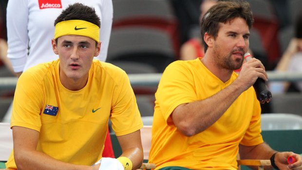 Master and apprentice: Bernard Tomic with Australian Davis Cup captain Pat Rafter earlier this month.