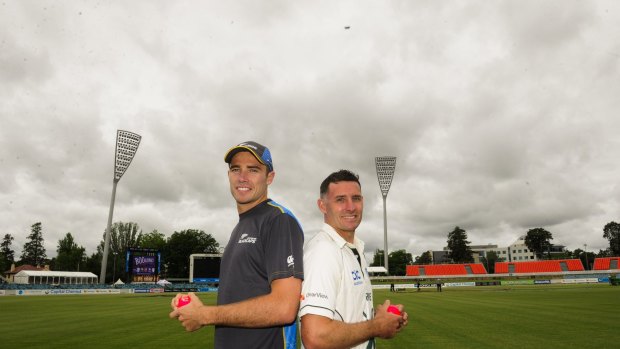 New Zealand captain Brendon McCullum and Prime Minister's XI captain Mike Hussey at Manuka Oval on Thursday.