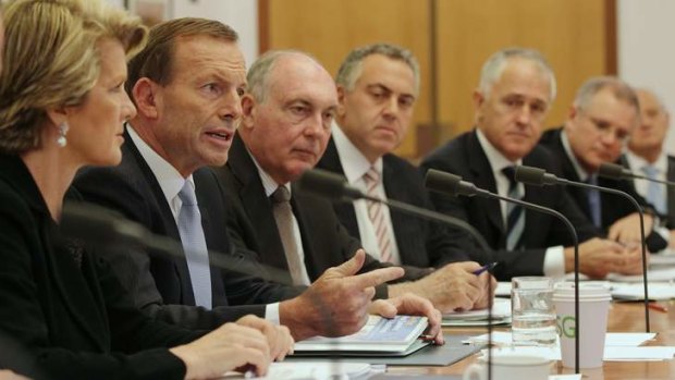 Opposition Leader Tony Abbott with his predominantly private school educated shadow cabinet. From left, Julie Bishop, Abbott, the Nationals leader Warren Truss, Joe Hockey, Malcolm Turnbull and Scott Morrison.