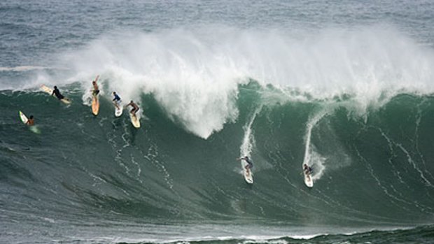 Not big enough ... Five surfers ride a large wave at Waimea Bay  ...  but  The Quiksilver in Memory of Eddie Aikau surf contest was postponed because the surf did not reach between six and 12-metres high.