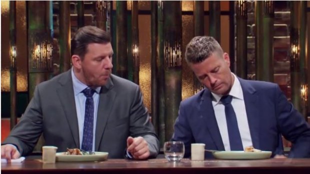 Manu and Pete examining Court and Duncan's final dish on MKR.