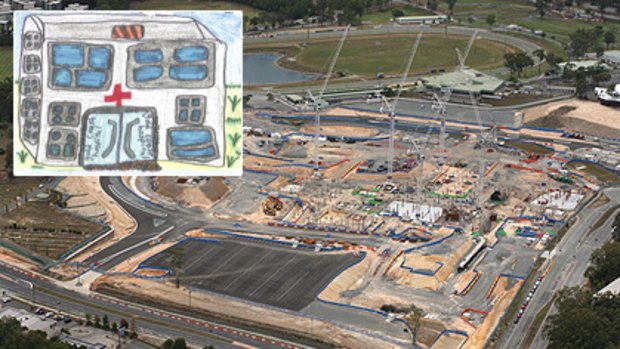The construction site for the new Gold Coast University Hospital, and (inset) the 'blueprints'.