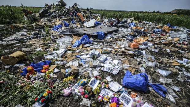 Flowers, soft toys along with pictures are left at the wreckage of MH17.