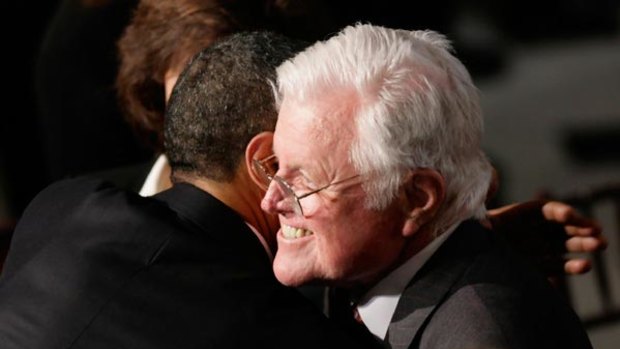 Senator Kennedy hugs President Obama at the inaugural luncheon just before his collapse.