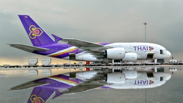 Thai Airways Airbus A380 at Suvanabhumi Airport after heavy rain.