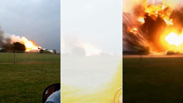 This sequence of photos, from left to right, shows the plant on fire, and then the sky going white after an explosion. The third picture shows the intense flames after the blast.