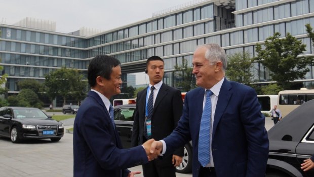 Jack Ma welcomes Malcolm Turnbull to Alibaba's headquarters in Hangzhou, China on Tuesday.