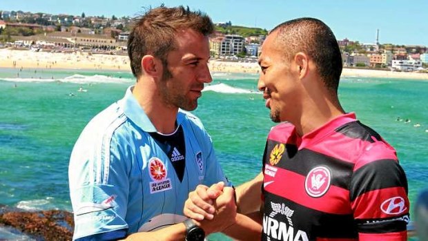 Summer of football: Shinji Ono of the Western Sydney  Wanderers and Alessandro Del Piero of Sydney FC at yesterday's launch at Bondi.