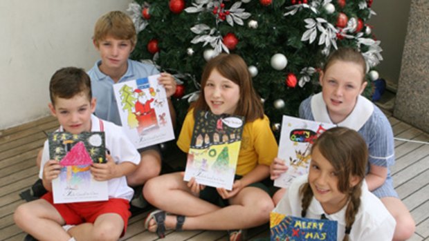 From the heart...Manly Vale Public School students, from left, Daniel Rowe, 7, Jacob Gall, 9, Dana Lanceman, 9,  Lillian Hellman, 11, and Jet Taubman, 10, with their Christmas card designs.