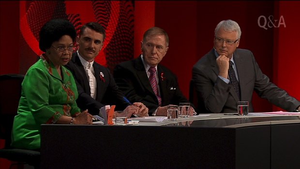 On TV: A Q&A panel; Nafsiah Mboi, Nic Holas, Michael Kirby and Tony Jones.