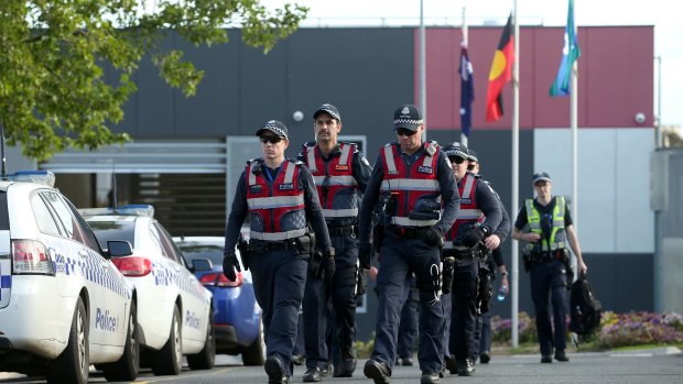 Police at the Melbourne Youth Justice Centre in Parkville.