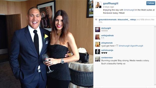 Geoff Huegill and his wife Sara Hill in an Instagram picture that claims they're in the Moet suites at Randwick.