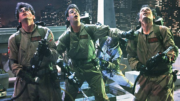 Harold Ramis, Dan Ackroyd and Bill Murray in a scene from <i>Ghostbusters</i>.