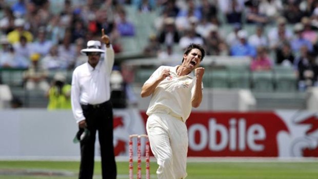 Dangerous … Mitchell Johnson celebrates against Pakistan.