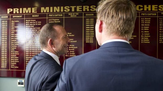 Prime Minister Tony Abbott at Manuka Oval to announce that former Australian test Cricket player Brett Lee will captain of the Prime Ministers XI.