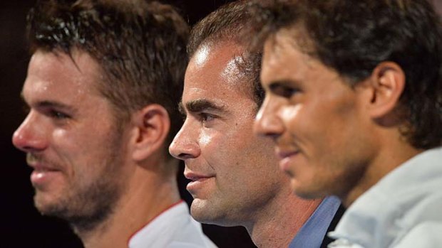 Pete Sampras (centre) with Stanislas Wawrinka (left) and Rafael Nadal at the awards ceremony on Monday night.