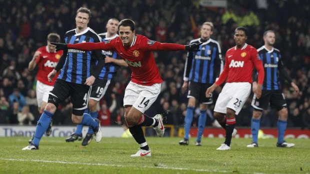 On the spot ... Manchester United's Javier Hernandez puts United in front with a penalty.