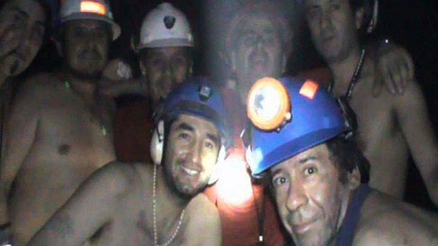 Trapped Chilean miners pose inside the San Jose Mine on September 17, 2010, near Copiapo, 800 km north of Santiago, Chile.