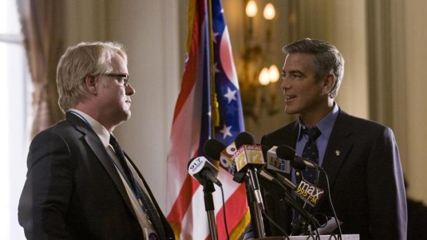 Actors Philip Seymour Hoffman and George Clooney in "The Ides of March".