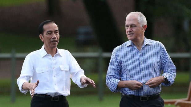 Indonesia's President Joko Widodo  with Australian Prime Minister Malcolm Turnbull in Sydney on Saturday. 
