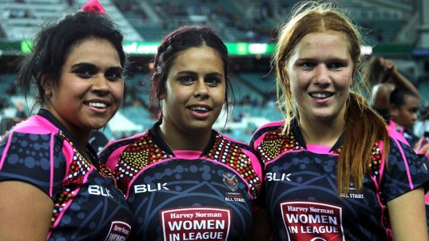 Indigenous women’s rugby league team members at Allianz Stadium, Sydney. 