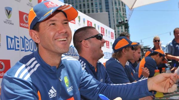 Australian captain Ricky Ponting is all smiles as he greets fans at Southbank yesterday ahead of the Boxing Day Test. He will test his injured finger in the nets today.