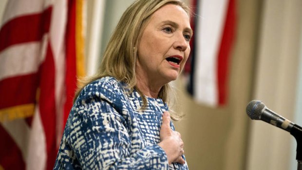 Monica chants ... Hillary Clinton speaks during a flag-raising ceremony at the US Consulate General in Alexandria.