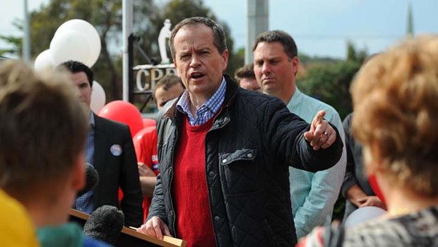 Opposition spokesman on education and workplace relations Bill Shorten campaigning for the leadership of the Labor Party at the Clifton Park Bowling Club in Victoria.