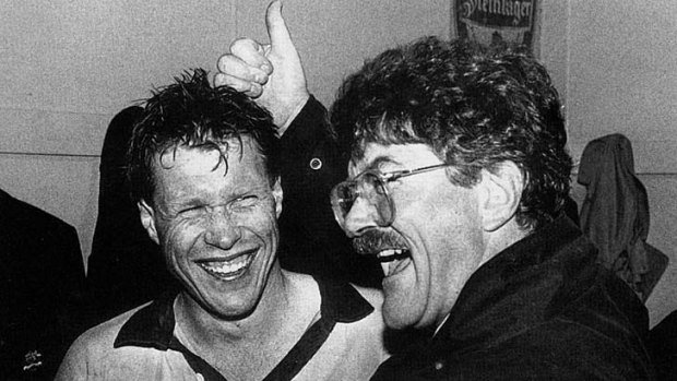 Triumph &#8230; Bob Dwyer celebrates a Test victory with then Wallabies captain Nick Farr-Jones in 1990.
