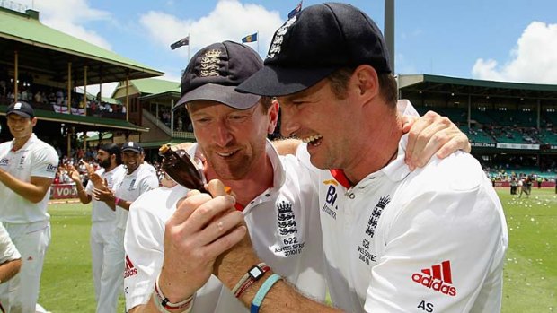 Agony ... Paul Collingwood, left and Andrew Strauss have their hands on the coveted prize at the SCG last January.