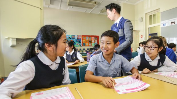 Strathfield South Public School Year 5 students Michelle Chen, Yiru Jang and Yehna Jeong who sat the NAPLAN test on Tuesday.