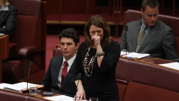 Greens Senator Sarah Hanson-Young breaks down during debate on Oakeshott's border protection bill in the Senate today.