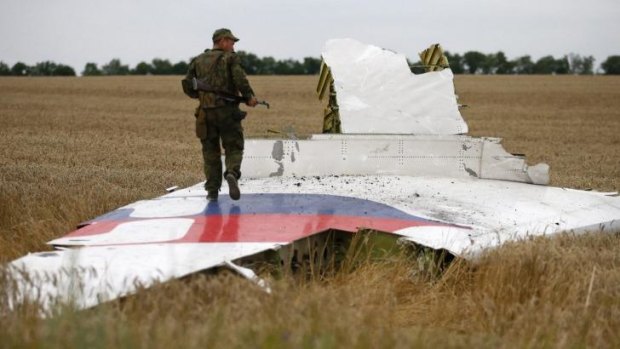 Crash site: An armed separatist stands on the wreckage of MH17 in the disputed Donetsk region of Ukraine.