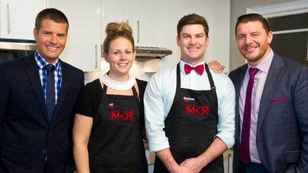 <i>My Kitchen Rules</i>'s Pete Evans, (left to right) Ali  Hawkins, Samuel Berechree and Manu Feildel.