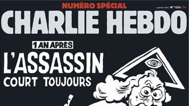 The cover of Charlie Hebdo, the French satirical publication, to mark the first anniversary of the attacks on 7 January 2015 at its offices in which 12 people were killed.