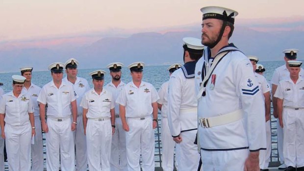 Tied up in Aqaba... dawn service for the crew of HMAS Stuart.