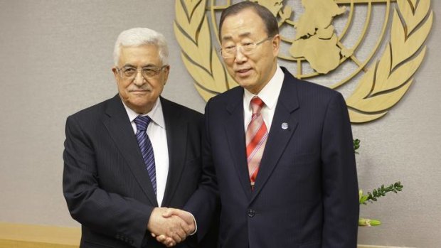 Upgrade likely &#8230; the President of the Palestinian Authority, Mahmoud Abbas, and the UN Secretary-General, Ban Ki-moon, at UN headquarters on Wednesday.