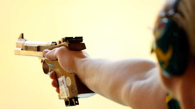 Lalita Yauhleuskaya of Australia competes in the pairs 25m pistol.