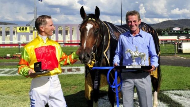 Jockey Glyn Schofield with trainer Gerald Ryan  and Lucky Raquie after winning the Black Opal Stakes.