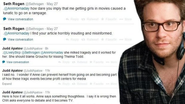 Seth Rogen and Judd Apatow slamming critic Ann Hornaday on Twitter.