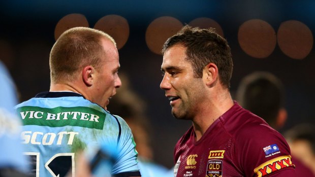 Beau Scott, left, is known for getting under the skin of Queensland in Origin. 