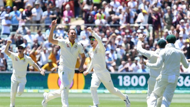 Australia's Josh Hazlewood (2nd from left) celebrates taking the wicket of England's captain Joe Root.