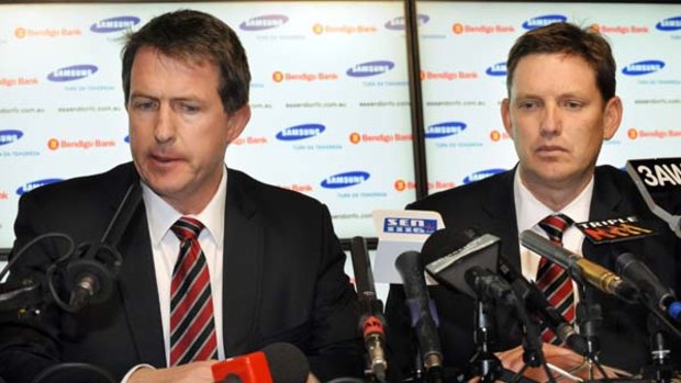 Essendon CEO Ian Robson and chairman David Evans announce the club's decision yesterday.
